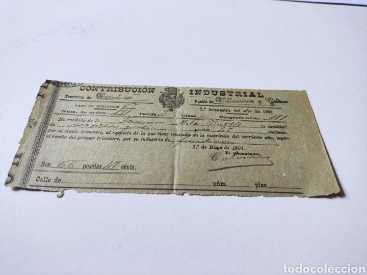 Old Invoices: Contribuci&oacute;n industrial antigua,1901 Villanueva y Geltr&uacute;