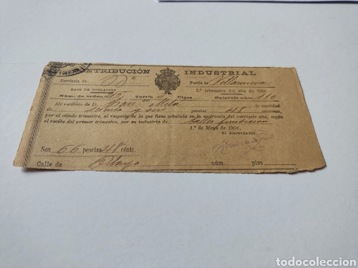 Old Invoices: Contribuci&oacute;n industrial antigua Villanueva y Geltr&uacute; 1906