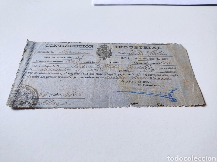 Old Invoices: Contribuci&oacute;n industrial antigua Villanueva y Geltr&uacute; 1907