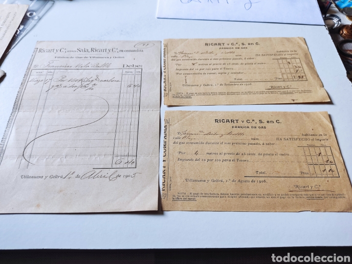 Old Invoices: 7 facturas antiguas consumo gas Ricart y Ca f&aacute;brica de gas Villanueva y Geltr&uacute; 1905