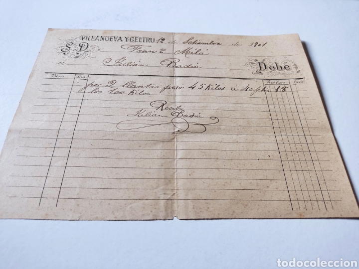 Old Invoices: Factura antigua, Francisco Mil&aacute; a Juli&aacute;n Bad&iacute;a, Villanueva y Geltr&uacute; 1901