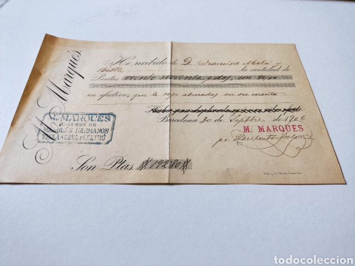 Facturas antiguas: Recibo antiguo Barcelona 1906 M.Marques - Foto 1
