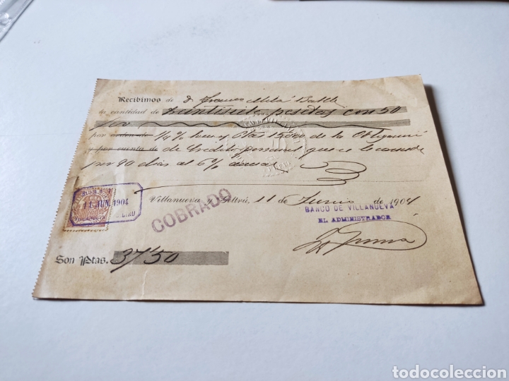 Old Invoices: Recibo antiguo con cu&ntilde;o huecograbado Bastante marcado Banco de Villanueva 1904