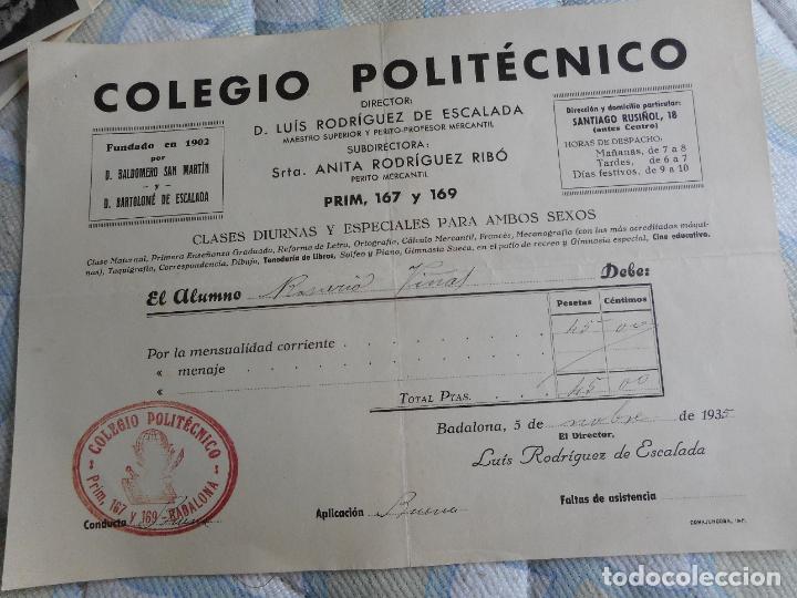 Old Invoices: ANTIGUO RECIBO COLEGIO POLITECNICO BADALONA 1935. LUIS RODRIGUEZ ESCALADA