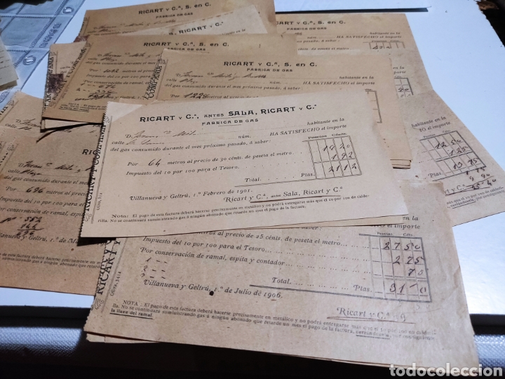 Alte Rechnungen: 37 facturas consumo de gas Villanueva y Geltr&uacute; de 1901 a 1907
