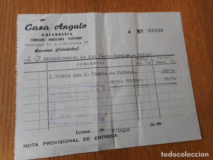 Alte Rechnungen: ANTIGUA FACTURA CASA ANGULO ORFEBRERIA LUCENA CORDOBA 1962