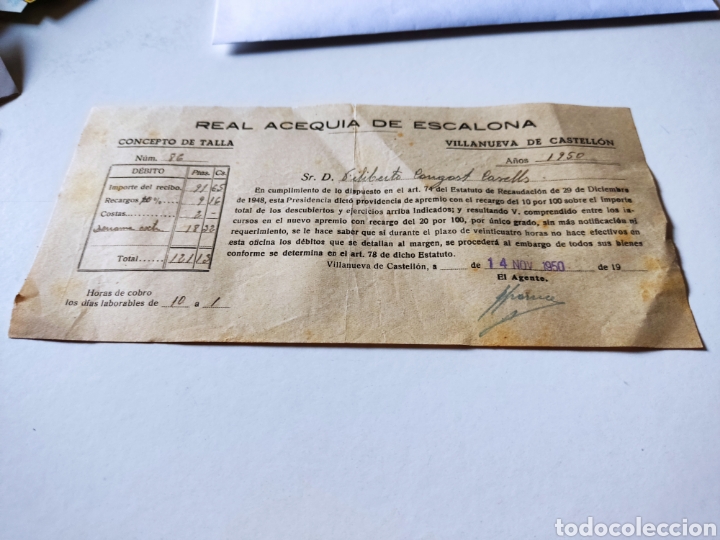 Old Invoices: Recibo Real Acequia de Escalona, Villanueva de Castell&oacute;n 1950