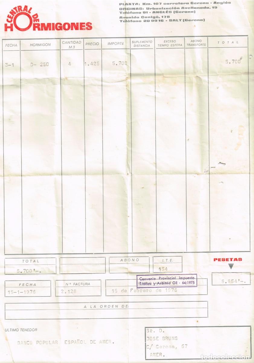 Old Invoices: 1976 ANGL&Egrave;S - SALT - AMER (GIRONA) FACTURA DE LA EMPRESA CENTRAL DE HORMIGONES