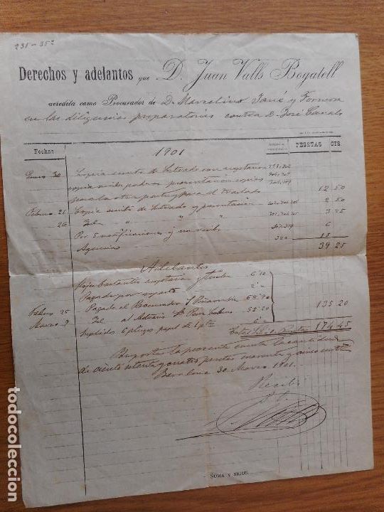 Alte Rechnungen: ANTIGUA FACTURA JUAN VALLS BOGATELL. DERECHOS Y ADELANTOS. BARCELONA 1901