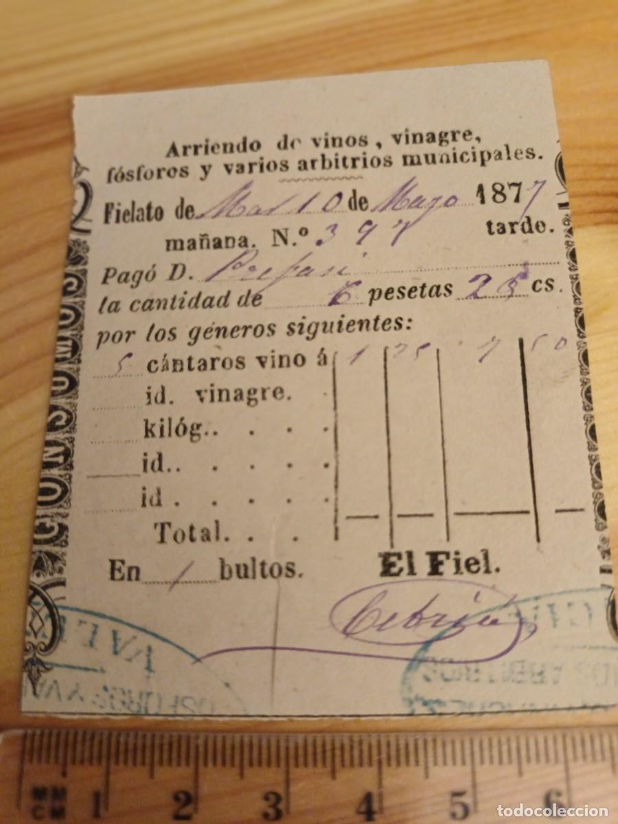 Facturas antiguas: Recibo del fielato de Valencia , a&ntilde;o 1877, por 5 c&aacute;ntaros de vino, pago por consumos