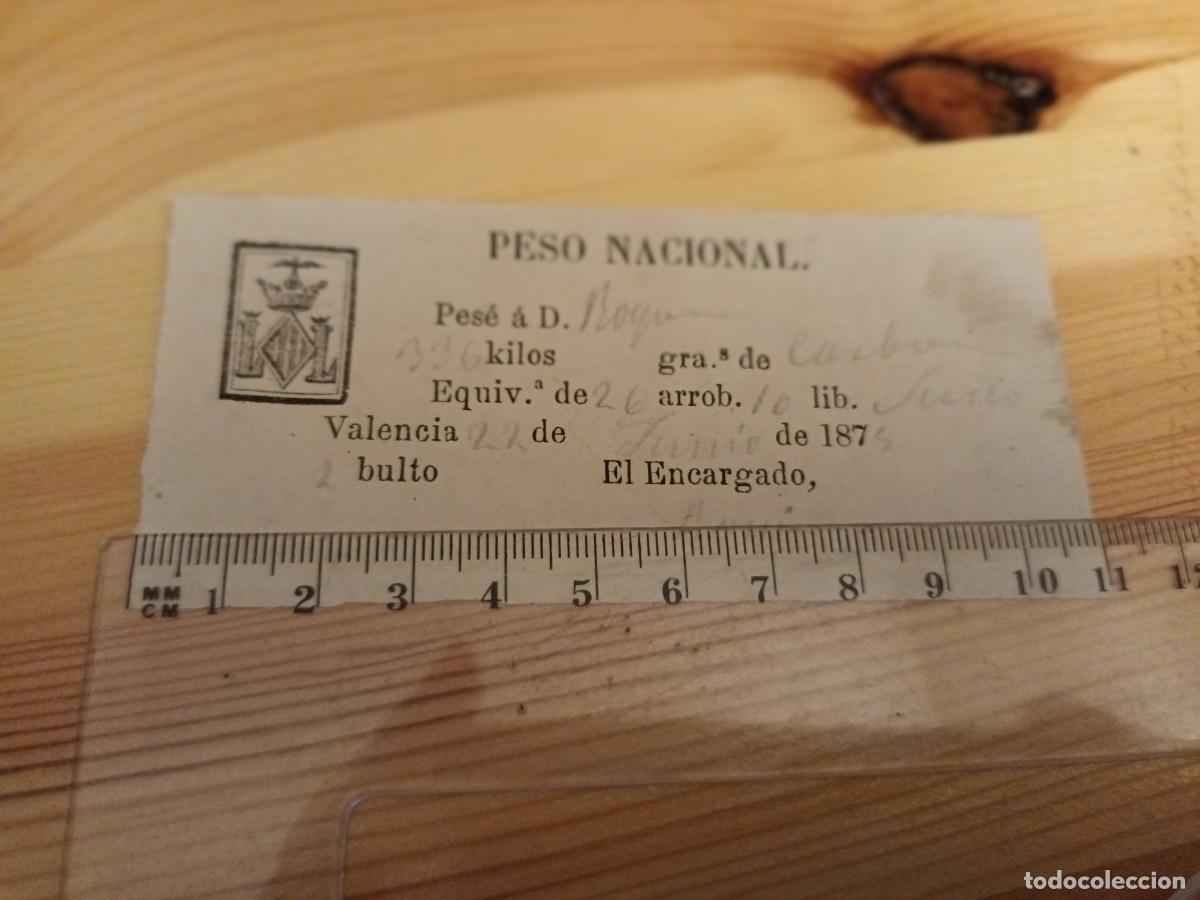 Factures anciennes: Recibo por el peso de bultos de carb&oacute;n en Valencia a&ntilde;o 1875, Peso Nacional