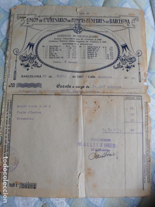 Old Invoices: ANTIGUA FACTURA UNION EMPRESARIOS POMPAS FUNEBRES DE BARCELONA 1920. SERVICIO MUNICIPALIZADO
