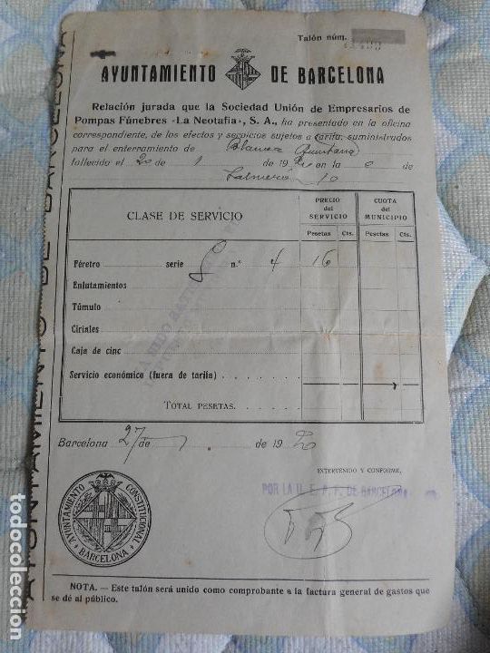 Old Invoices: ANTIGUA FACTURA UNION EMPRESARIOS POMPAS FUNEBRES DE BARCELONA 1920. LA NEOTAFIA S.A
