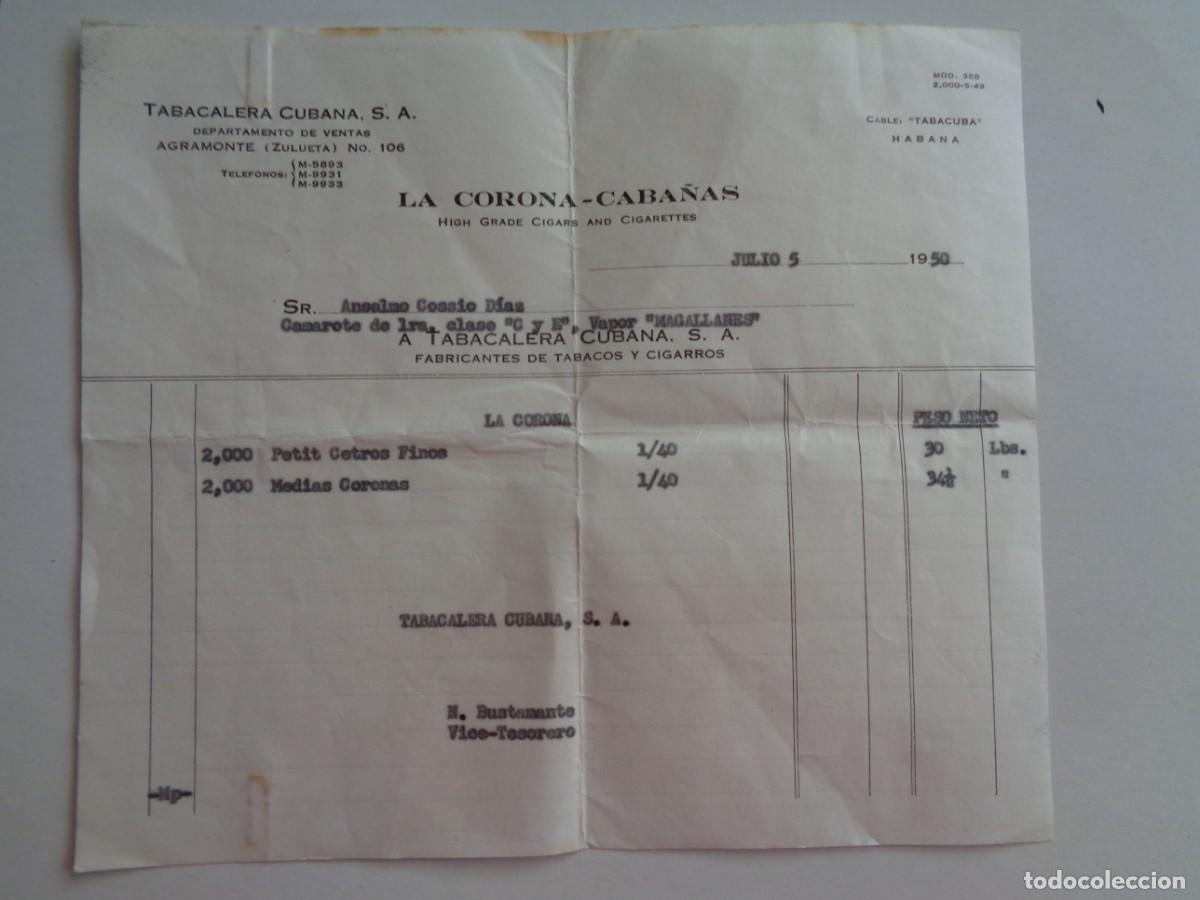 Old Invoices: TABACALERA CUBANA S.A., LA CORONA - CABA&Ntilde;AS: FACTURA POR TABACO. CAMAROTE VAPOR MAGALLANES , 1950