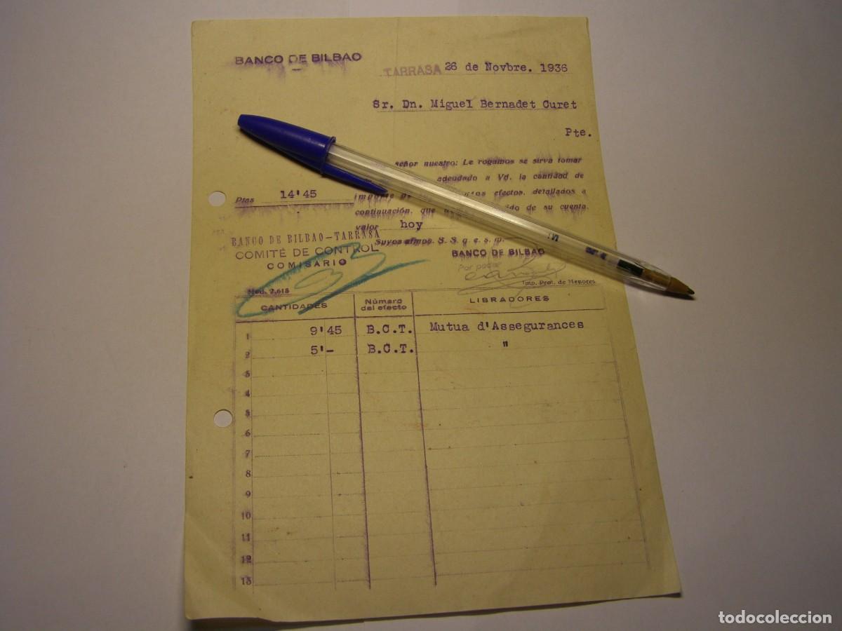Alte Rechnungen: documento Banco de Bilbao, Terrassa. 1936. Comit&eacute; de control. Guerra Civil Espa&ntilde;ola.