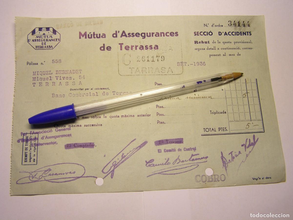 Alte Rechnungen: Documento Mutua Seguros , Terrassa. 1936. Comit&eacute; de control. Guerra Civil Espa&ntilde;ola.