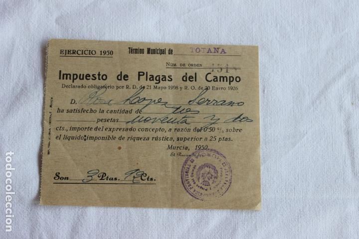 Alte Rechnungen: RECIBO IMPUESTO DE PLAGAS DEL CAMPO TOTANA 1950