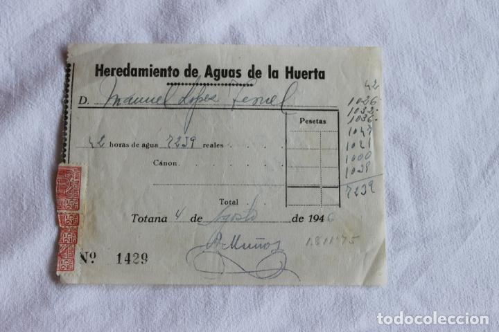 Alte Rechnungen: RECIBO HEREDAMIENTO DE AGUAS DE LA HUERTA TOTANA 1946