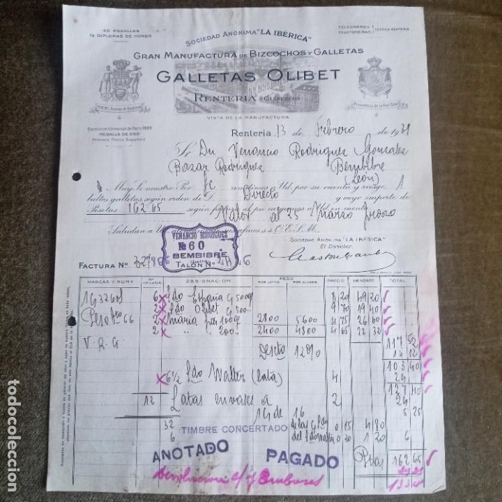Old Invoices: FACTURA COMERCIAL GALLETAS OLIBET DE RENTERIA
