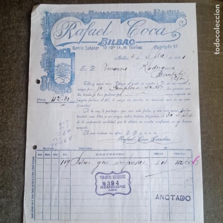 Facturas antiguas: FACTURA COMERCIAL FABRICA BOLSAS DE PAPEL RAFAEL COCA DE BILBAO