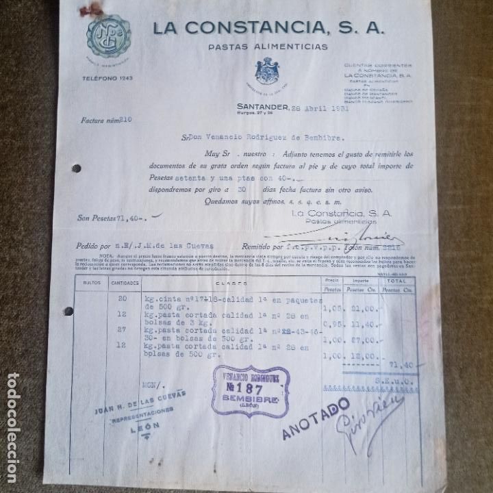 Facturas antiguas: FACTURA COMERCIAL FABRICA PASTAS ALIMENTICIAS LA CONSTANCIA - SANTANDER