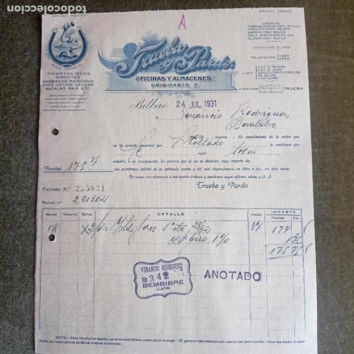 Facturas antiguas: FACTURA COMERCIAL TRUEBA Y PARDO IMPORTADORES DE BILBAO