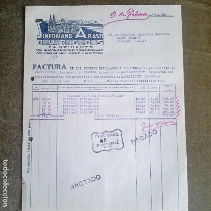 Facturas antiguas: FACTURA COMERCIAL SINFORIANO ARASTI DE BURGOS