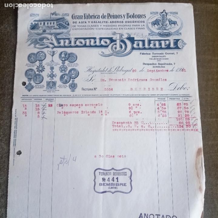 Facturas antiguas: FACTURA COMERCIAL FABRICA DE PEINES Y BOTONES ANTONIO BALART DE TARRASA