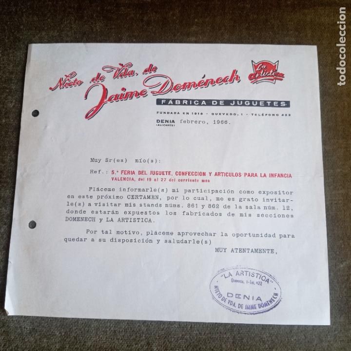 Facturas antiguas: CARTA COMERCIAL DE FABRICA DE JUGUETES LA ARTISTICA DE DENIA