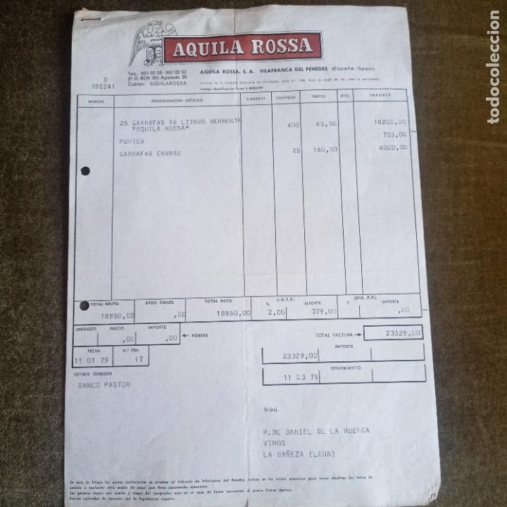 Facturas antiguas: FACTURA COMERCIAL DE VERMOUT AQUILA ROSSA