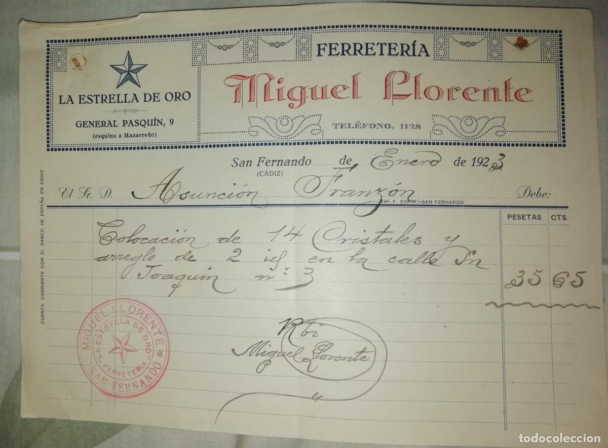 Facturas antiguas: Factura de ferreteria la estrella de oro san fernando cadiz 1923