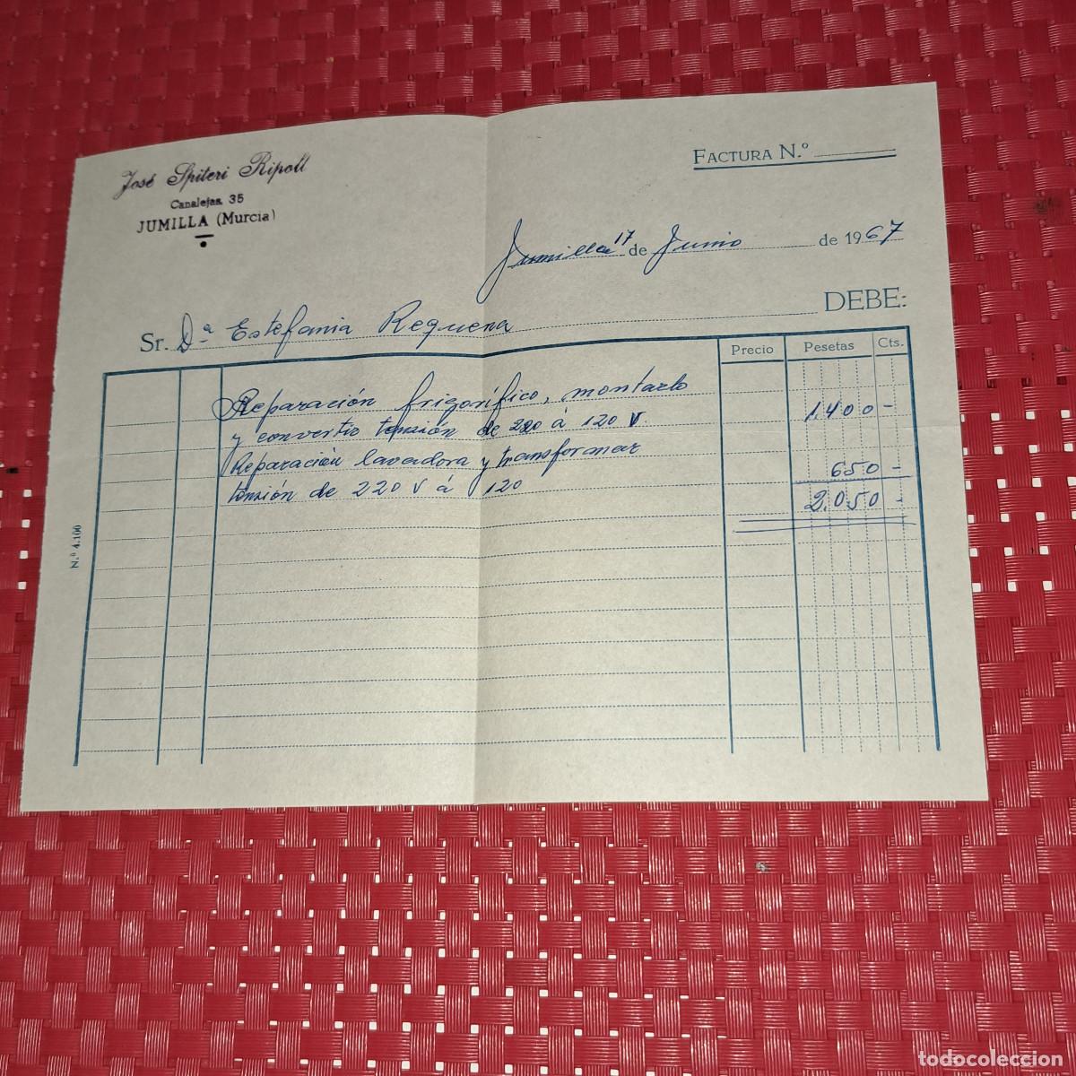 Facturas antiguas: JUMILLA - FACTURA REPARACI&Oacute;N FRIGOR&Iacute;FICO - JOS&Eacute; SPITERI RIPOLL - A&Ntilde;O 1967
