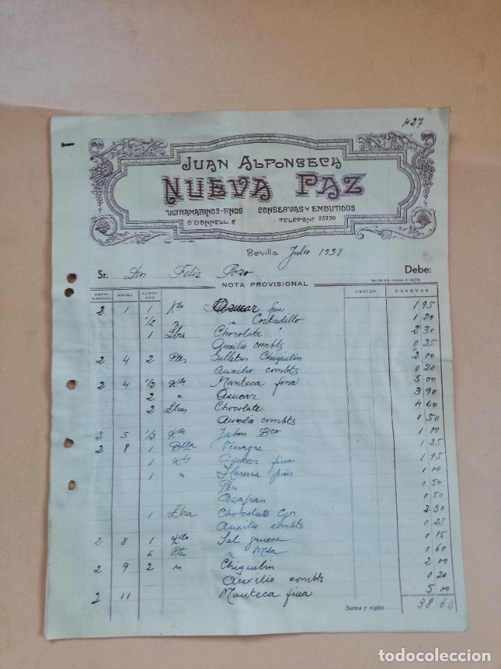 Factures anciennes: FACTURA. ULTRAMARINOS FINOS. CONSERVAS Y EMBUTIDOS. NUEVA PAZ. JUAN ALFONSECA. SEVILLA, 1938. 3HOJAS