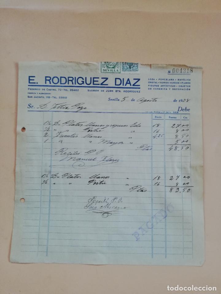 Factures anciennes: FACTURA. LOZA, PORCELANA, CRISTAL, VIDRIO. E. RODRIGUEZ DIAZ. SEVILLA, 1938.