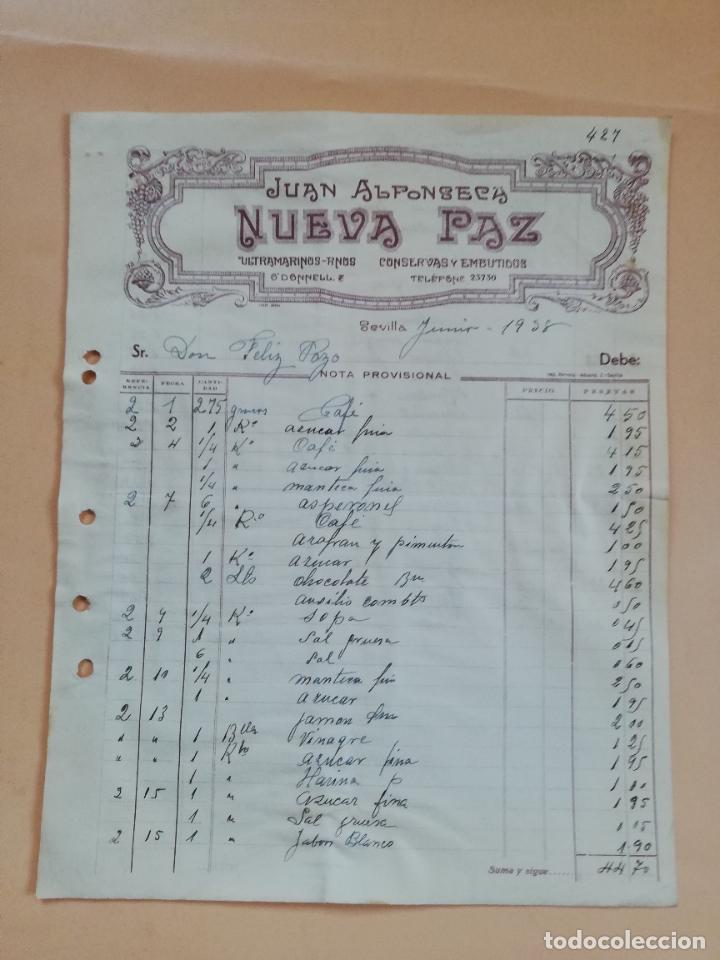 Factures anciennes: FACTURA. ULTRAMARINOS FINOS. CONSERVAS Y EMBUTIDOS. NUEVA PAZ. JUAN ALFONSECA. SEVILLA, 1938.