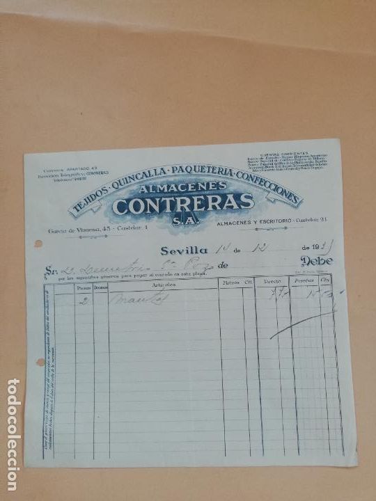 Factures anciennes: FACTURA. TEJIDOS-QUINCALLA-PAQUETERIA-CONFECCIONES. ALMACENES CONTRERAS. SEVILLA, 1935.
