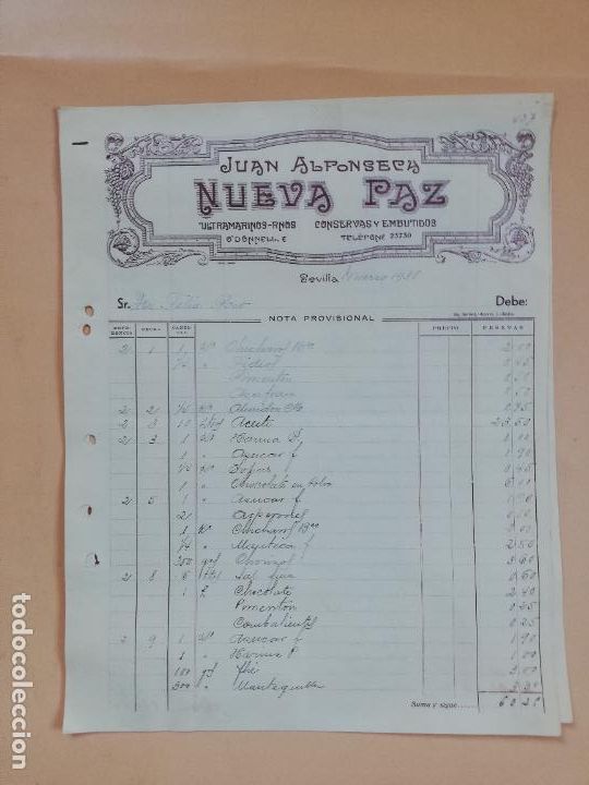 Factures anciennes: FACTURA. ULTRAMARINOS FINOS. CONSERVAS Y EMBUTIDOS. NUEVA PAZ. JUAN ALFONSECA. SEVILLA, 1935. 2HOJAS