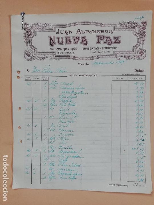 Factures anciennes: FACTURA. ULTRAMARINOS FINOS. CONSERVAS Y EMBUTIDOS. NUEVA PAZ. JUAN ALFONSECA. SEVILLA, 1938. 3HOJAS