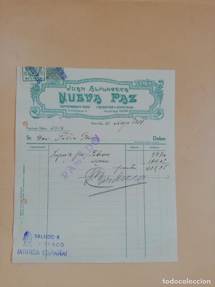 Factures anciennes: FACTURA. ULTRAMARINOS FINOS. CONSERVAS Y EMBUTIDOS. NUEVA PAZ. JUAN ALFONSECA. SEVILLA, 1938.