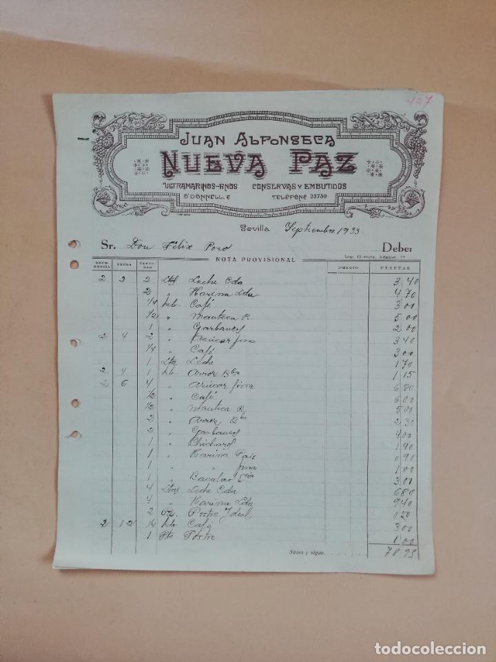 Factures anciennes: FACTURA. ULTRAMARINOS FINOS. CONSERVAS Y EMBUTIDOS. NUEVA PAZ. JUAN ALFONSECA. SEVILLA, 1938. 2HOJAS