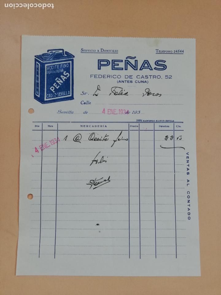 Factures anciennes: FACTURA. ACEITE FINO. PURO DE OLIVA. PE&Ntilde;AS. SEVILLA, 1934.