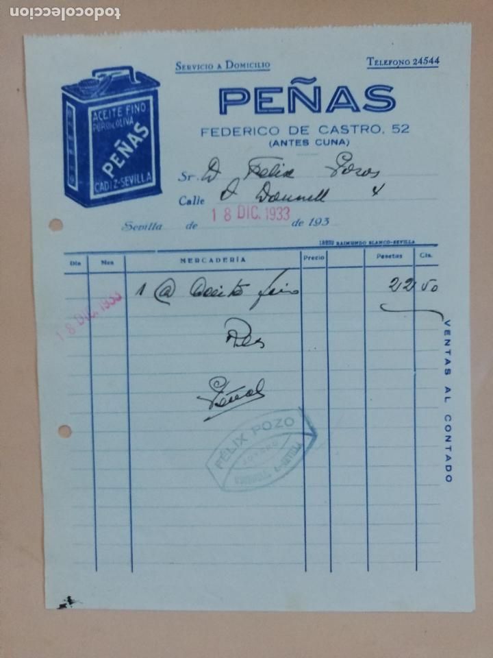 Factures anciennes: FACTURA. ACEITE FINO. PURO DE OLIVA. PE&Ntilde;AS. SEVILLA, 1933.