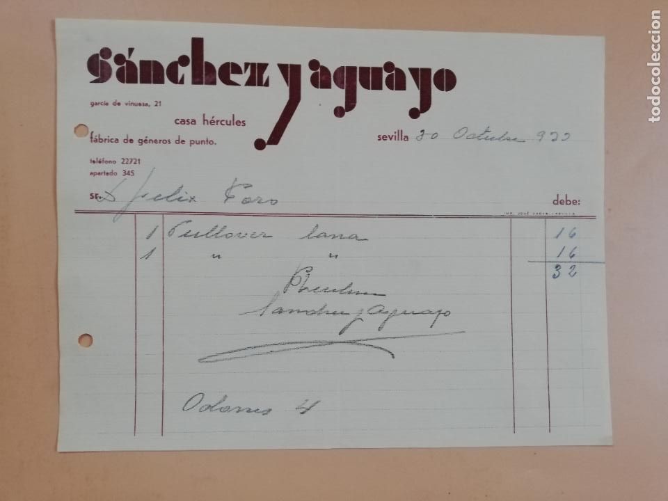 Factures anciennes: FACTURA. FABRICA DE GENEROS DE PUNTO. SANCHEZ Y AGUAYO. SEVILLA, 1933.