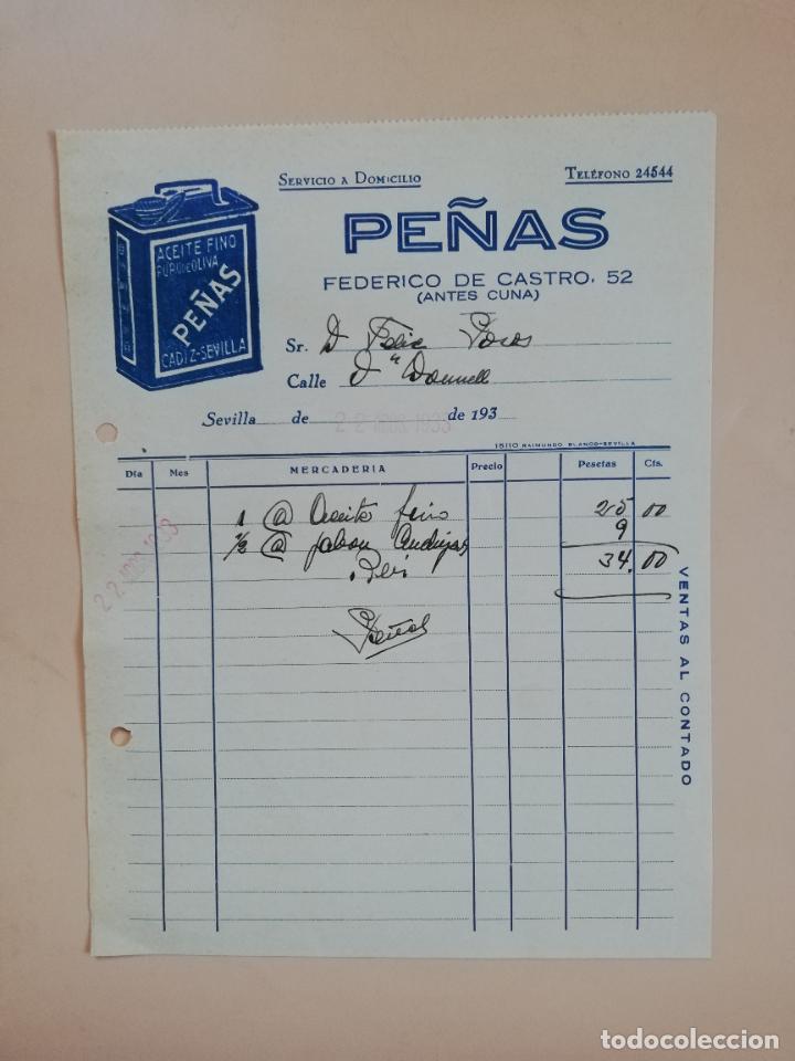 Factures anciennes: FACTURA. ACEITE FINO. PURO DE OLIVA. PE&Ntilde;AS. SEVILLA, 1935.