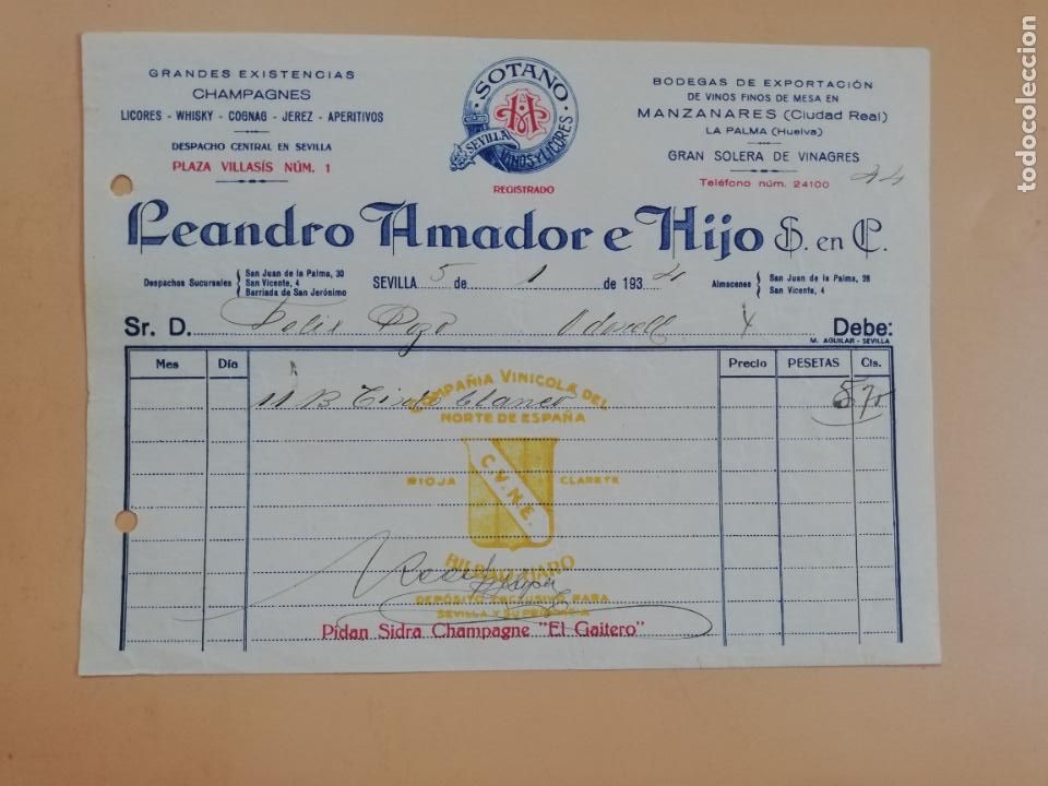 Factures anciennes: FACTURA. BODEGAS DE VINOS. LEANDRO AMADOR E HIJO. SEVILLA, 1934.