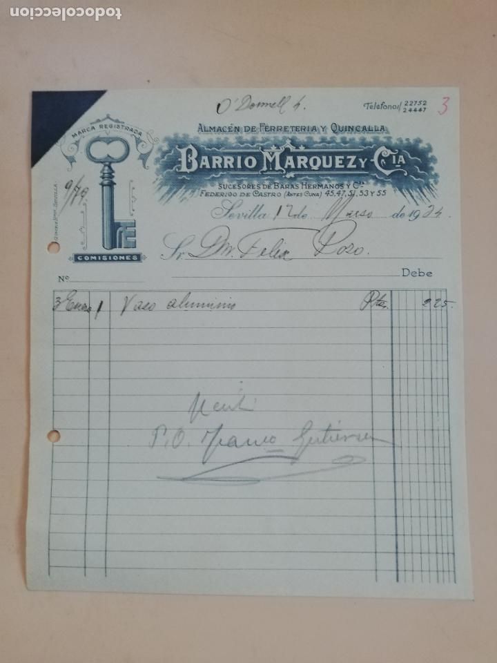 Factures anciennes: FACTURA. ALMACEN DE FERRETERIA Y QUINCALLA. BARRIO MARQUEZ Y CIA. SEVILLA, 1934.