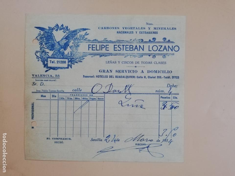 Factures anciennes: FACTURA. CARBONES VEGETALES Y MINERALES. FELIPE ESTEBAN LOZANO. SEVILLA, 1934.