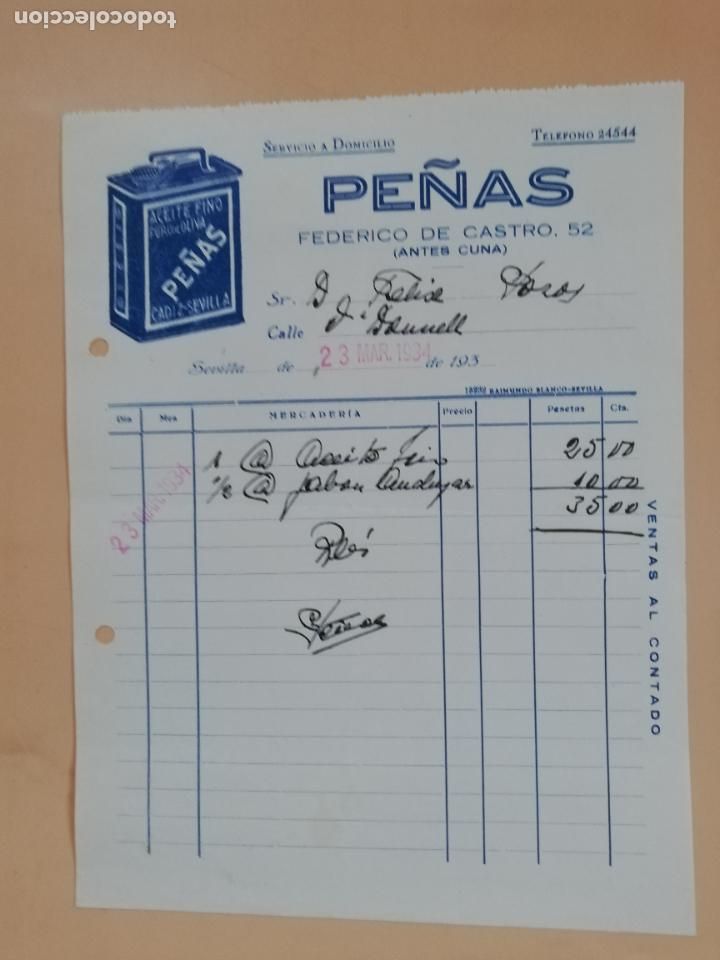 Factures anciennes: FACTURA. ACEITE FINO. PURO DE OLIVA. PE&Ntilde;AS. SEVILLA, 1934.