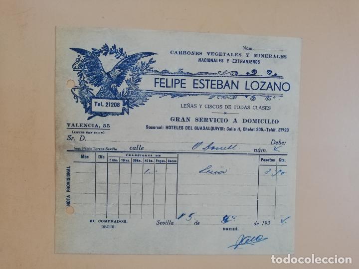 Factures anciennes: FACTURA. CARBONES VEGETALES Y MINERALES. FELIPE ESTEBAN LOZANO. SEVILLA, 1934.