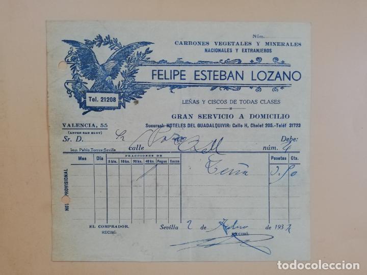 Factures anciennes: FACTURA. CARBONES VEGETALES Y MINERALES. FELIPE ESTEBAN LOZANO. SEVILLA, 1934.